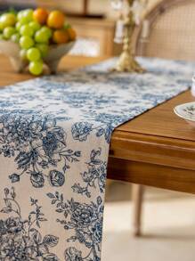 1 Peça Caminho de Mesa Retangular Estilo Boêmio com Padrão Floral Azul Vintage, Decoração de Tapete Lavável para Aparador, Buffet, Adequado para Festas, Piqueniques, Feriados, Interno ou Externo
