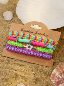 4 szt./5 szt. Bohemian Zinc Alloy Resin Shell & Faux Pearl CCB Ocean Elements Palm Tree, Wave, Turtle, Sunflower, Lucky Clover Tassel Handmade Woven Bracelet Set, Odpowiedni dla kobiet, do codziennego noszenia, letni prezent na wakacje na plaży