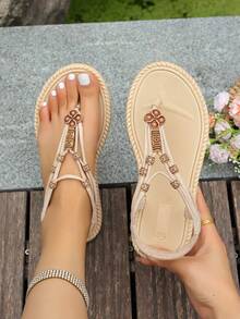 Damen Mode Sommer Neue Runde Zehenpartie Weiche Sohle Gewebte Römersandalen, Beige, Blau, Schwarz, Orange, Lässig Schuhe, Bequeme Flache Schnallen Zehentrenner Outdoor Pantoffeln - Beige - Übersicht 5