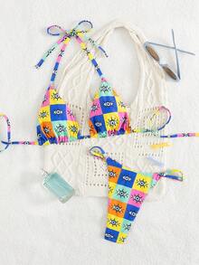 2 bộ đồ bơi bikini gợi cảm in họa tiết kẻ caro tối giản mùa hè có dây buộc sau lưng có thể điều chỉnh eo cho nữ - Màu xanh lam - Xem 2