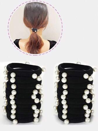 1pc/3pcs/5pcs/10pcs/20pcs/30pcs Faux Pearl High Elasticity Black Hair Ties, Hair Accessories, Hair Bobbles, Soft Scrunchies, Ponytail Holders, Multifunctional Hair Styling Tools Hairbands