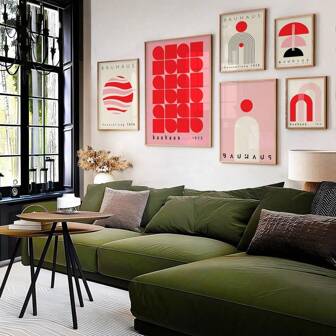 1-3Pcs ﻿﻿Bauhaus Printable Posters, Red And Pink Mid Century Modern Print , Retro Bauhaus Wall Arts, Contemporary Abstract Geometric Poster, Mid Century Modern, Bauhaus Minimalist Decor ﻿Optional Frame ,Wall Art With Frame