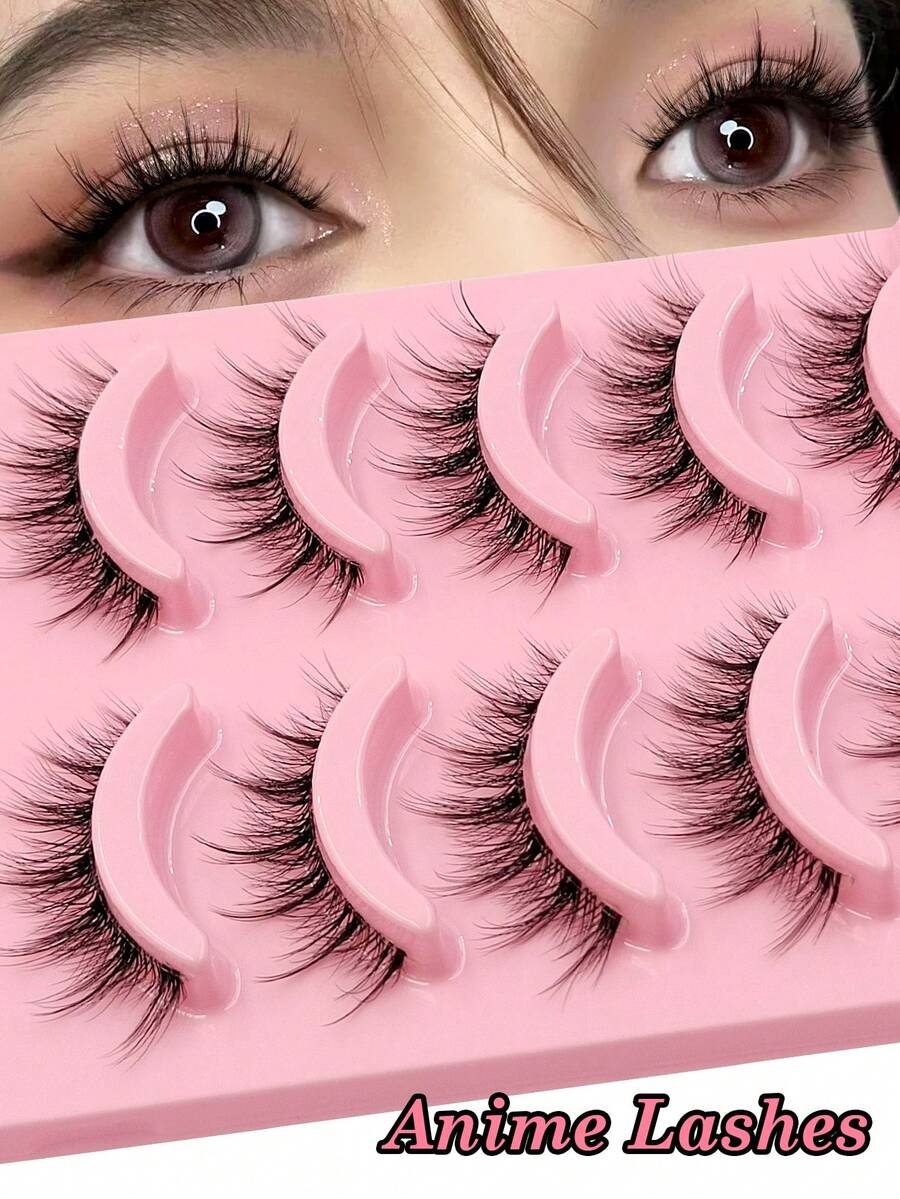 Asiteo 5 Pairs Of Anime-Inspired Natural-Style 3D Volume Lashes, Clear Bands - Reusable False Eyelashes For Beginners, Perfect For Cosplay And Everyday Makeup - الأسود - مشاهدة 1