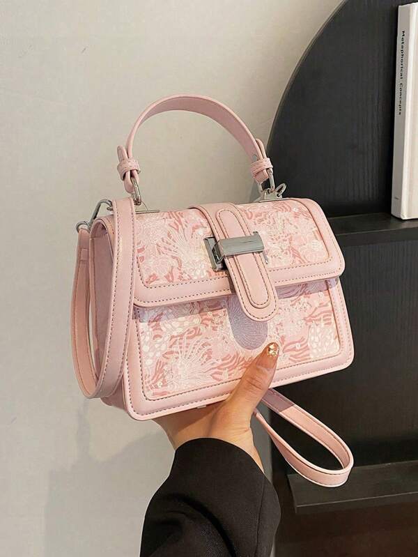 Geanta Patrata Mini Flower Graphic Clapa cu Maner Superior
