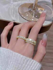 rundraw Bộ 2 chiếc nhẫn Y2K Chic Copper Zirconia hai lớp có thể điều chỉnh, nhẫn tinh tế sang trọng với cảm giác cao cấp để đeo hàng ngày - Vàng - Xem 2