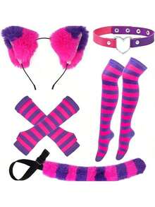 5pcs/Set Cat, Wolf, Fox Tail Hair Clips + Gloves Suit, Suitable For Party Cosplay Costume Set - Pink Purple Stripes - View 2