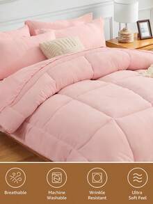5/7pcs Comforter Set, Bedding, Solid Color Bedding Set, Cozy And Warm Bedding, Easy Care And Comfortable, Breathable Bed Set, Halloween Gift, For Twin, Full, King, Queen Bed Sizes, Suitable For Bedroom, Guest Room, Dormitory, All Seasons, Machine Washable - 粉色 - 查看 4