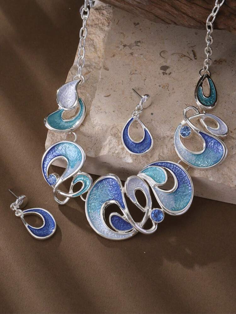 1 Set de joyas de mujer elegante de estilo bohemio con aro y collar de aleación de zinc decorado con zirconia en degradado azul, perfecto para la playa, vacaciones y vestimenta formal - Añade 2