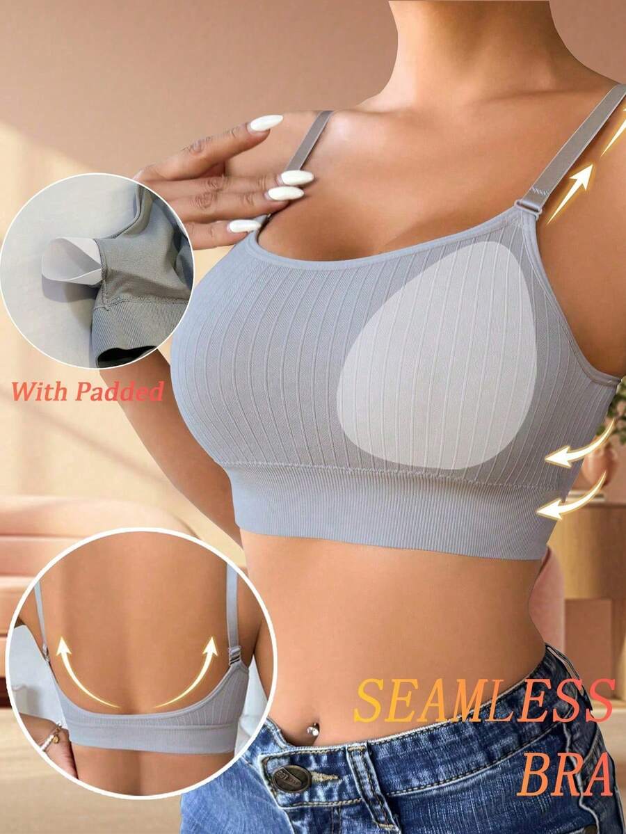 Seamless Padded Comfortable Invisible Wireless Shockproof Sports Bra, Suitable For Workout - Grey - View 1