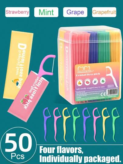 Fio dental colorido com 4 sabores e palitos, 50 unidades/caixa – suave, eficaz e descartável, embalado individualmente para uso doméstico, em viagens e no banheiro, 50/30 unidades