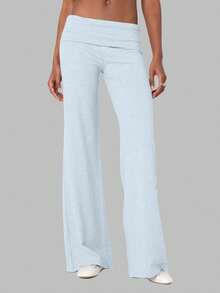 Women Y2k Palazzo Yoga Pants Fold Over Flare Leggings Low Rise Solid Color Stretch Casual Wide Leg Pants Comfy Lounge Pants Bootcut Bell Bottoms Baggy Sweatpants Streetwear - Màu xanh nhạt - Xem 2
