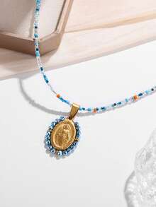 1PC New Stainless Steel Catholic Guadalupe Our Lady Of Our Lady Of Pendant Virgin Mary Statue Beaded Necklace Women's Fashion Lucky Jewelry Gift - Multicolor - View 4