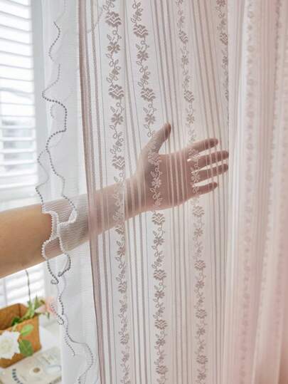 1pc French Girl Style Pink Translucent But Not See-Through Curtain With Dual-Side Pearl Frilled Edges, Princess Decor For Bedroom, Semi-Sheer