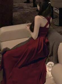 Elegant Lace Up Slim A-Line Bridesmaid Dress France Sleeveless Solid Party Graduation Midi Women Spring Summer