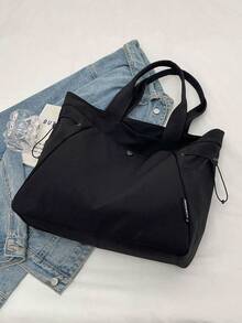 1 件纯色尼龙大容量女士单肩托特包，轻便多功能购物袋，适合工作、通勤、户外、学校，多口袋带抽绳 - 黑色 - 查看 5