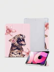 Fierce Animals Leopard And Floral Print Pattern Tablet Protective Case, Compatible With IPad 10.2 Inch, IPad Pro 11 2021/2020/10th Gen, Mini 4/5/6, Galaxy Tab A8 10.5 Inch 2022, Matepad 10.4/Tab, With Pencil Slot, Anti-Fall, Tablet Stand Case, Supporting Auto Sleep/Wake