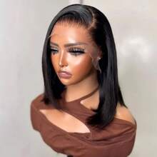 Perruque Bob courte et lisse 13x6 avec dentelle frontale en cheveux humains pour femmes, cheveux humains pré-épilés, fermeture droite, couleur naturelle, densité 180 %