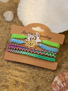 4 szt./5 szt. Bohemian Zinc Alloy Resin Shell & Faux Pearl CCB Ocean Elements Palm Tree, Wave, Turtle, Sunflower, Lucky Clover Tassel Handmade Woven Bracelet Set, Odpowiedni dla kobiet, do codziennego noszenia, letni prezent na wakacje na plaży
