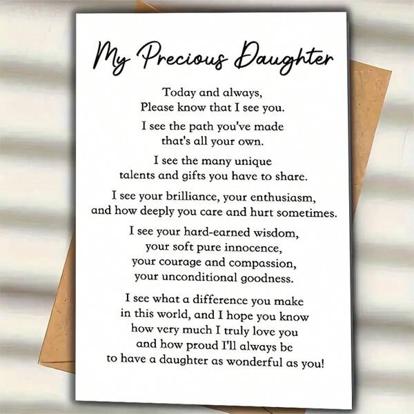 Heartfelt Birthday Card For Daughter With Envelope - "My Precious Daughter" Inspirational Quote, Cartoon Design, Letter Theme - Touching Humor From Mother To Daughter, Perfect Gift For Her