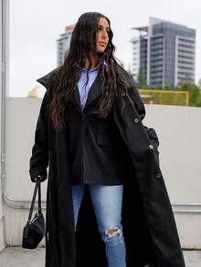 SAYEHFBABY Casaco Longo Feminino de Cor Sólida e Minimalista com Lapela Grande, Remendos, Bolsos, Abotoamento Único e Cinto - Preto - Visão 2