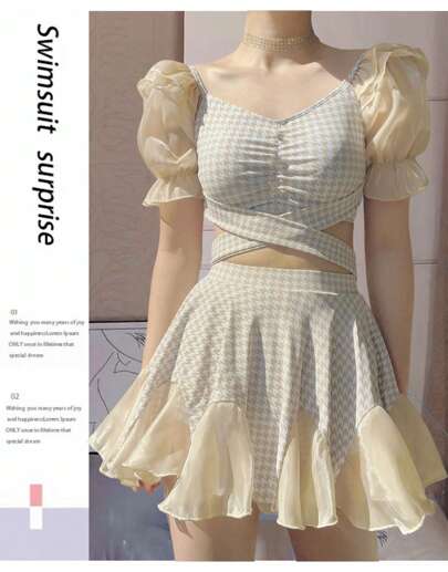 Women's Swimsuit, Body-Covering, Separate, 2-Piece Set, Short-Sleeve Rash Guard, Amphibious, Fitness Swimsuit, Padded, Shorts, Sporty, For Students, Hot Springs, Beach