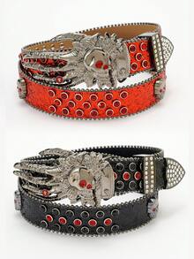 男士纯色街头水钻镶嵌时尚骷髅幽灵爪元素嘻哈腰带，适合夏季、校园休闲、商务场合，可作为男友、丈夫、父亲等男士礼物，日常穿着，时尚百搭，适合青少年、户外、度假、运动、旅行、街头、波西米亚风、复古秋季、万圣节等秋冬季配饰，适合青少年、青年、男士，休闲、户外、运动、度假、毕业礼物、生日礼物、日常穿着。 - 彩色 - 查看 2