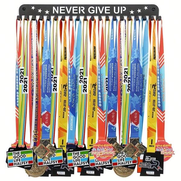 1 pieza Soporte para medallas deportivas, Almacenamiento de medallas de competencia NUNCA TE RINDAS, Artesanía de hierro forjado negro para colgar en la pared, Para decoración del hogar, sala de estar, oficina, regalo de Navidad