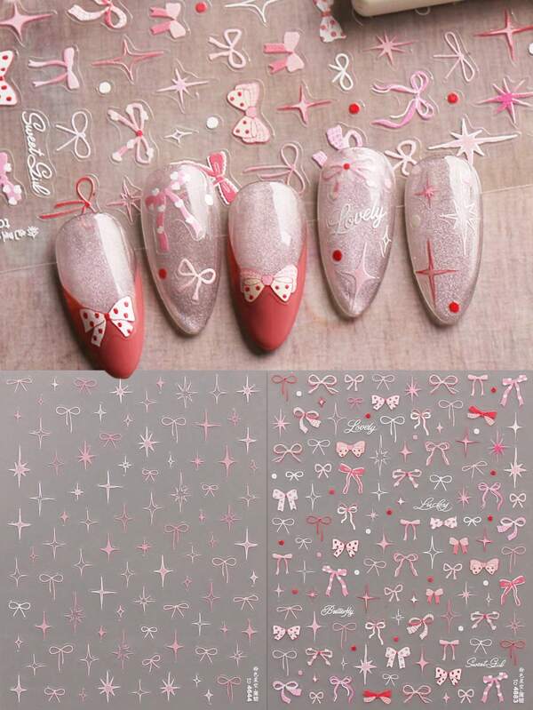 2 pièces Autocollants de manucure roses fins et résistants pour l'été - Motif nœud et ciel étoilé, décalcomanies de manucure auto-adhésives pour femmes, finition mate, thème rose, décoration d'ongles facile à appliquer, DIY, cadeaux, fournitures de stylisme de fête, dopamine, Y2k, stylisme de mariage