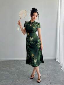 女士旗袍连衣裙，中式领，后拉链，系带腰部，花卉印花，中长款，中国风，民族风，短袖，夏季度假、聚会、节日连衣裙 - 綠色 - 查看 6