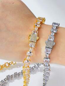 1pc Hip Hop Style Square Crystal Rhinestone Tennis Chain Necklace With Spring Clasp For Women - Block Chain - View 7