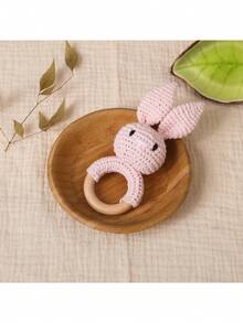 1pc Handmade Crochet Bunny Ear Wooden Teething Rings, Baby Teether Gift For Teething Period