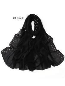 1 Peça Xale Longo de Chifom Elegante com Detalhes de Outono, Lenço Respirável Tradicional, Xale com Pedras de Pérola para Mulheres Muçulmanas