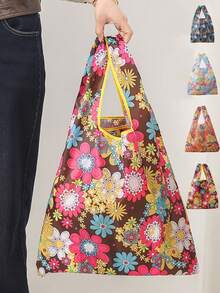 1pc Floral Print Tote Bag, Reusable Grocery Shopping Bag, Large Capacity, Multipurpose, Sturdy And Durable - Multicolor - View 9