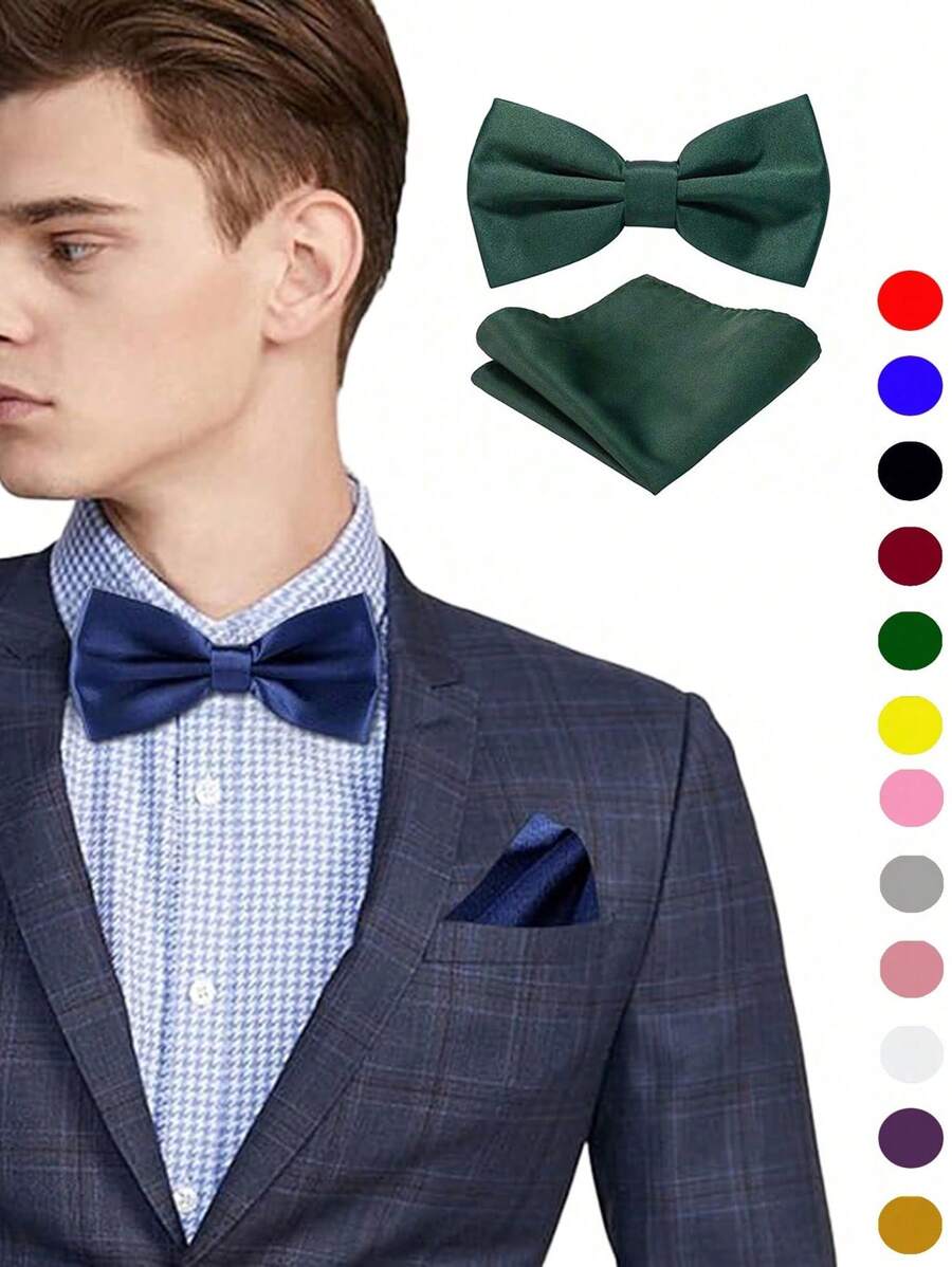 1 Set Men's Bow Tie & Pocket Square Set, Business Formal Bow Tie And Handkerchief Set, Suitable For Weddings, Cocktail Parties, Gatherings, Banquets