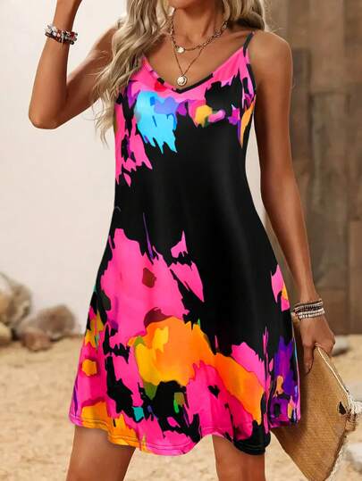 Women's All-Over Print Sling Mini Dress - Casual Summer Sundress, Sexy Vacation Beach Dress, Flowy Boho Dress For Women,Leisurely Summer Outfits For Women