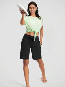 Womens 9" Swim Shorts UPF 50+ Quick Dry High Waisted Swim Trunks For Women With Liner & Zipper Pockets - Black - View 5
