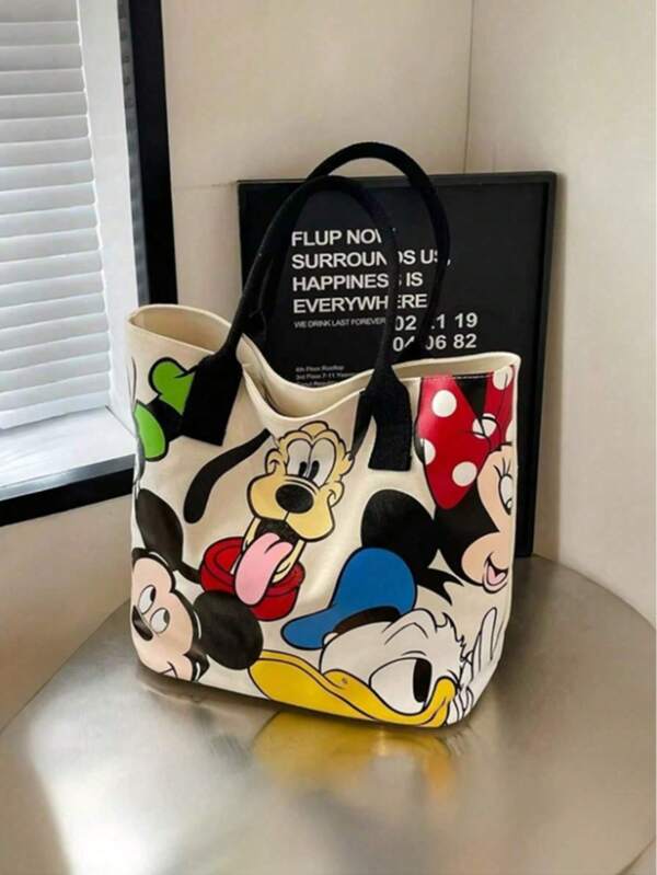 Disney 1 pieza Bolsa de almacenamiento de lona de Disney, bolso de gran capacidad con cierre, apto para compras y uso diario, con vibras bohemias [Es posible que el patrón del producto esté un poco descentrado]