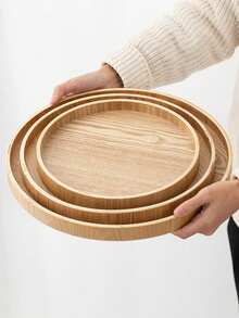 1pc Wooden Round Tray Plate, Hotel Water Glass Dish, Home Fruit Snack Cake Western-Style Plate - Beige - View 4