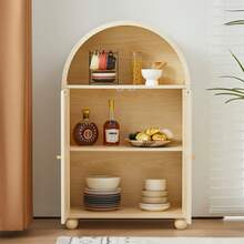 Tall Black Arched Kitchen Pantry Storage Cabinets With 2 Large Drawers And 3 Adjustable Shelves, Freestanding Wood Storage Cabinet With Glass 2 Doors, Versatile Cupboard For Dining Room - shortarched-natural - View 3