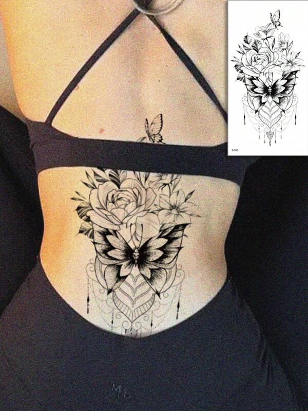 1 adesivo de tatuagem temporária de rosa e borboleta, tatuagem falsa à prova d'água de rosa preta e borboleta para braço e abdômen, duração de 2 a 5 dias, cobre cicatrizes, adequado para braço, pulso, ombro, perna, cintura, pescoço, mão, peito, coxa, dedo, para homens, mulheres e meninas, decoração de festa diária, maquiagem, presente
