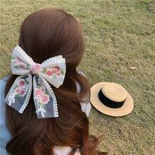 1pc Embroidered Floral Ribbon Big Bowknot Hair Clip, Spring-Loaded, Fashion Headpiece Accessory For Girls - Multicolor - View 1