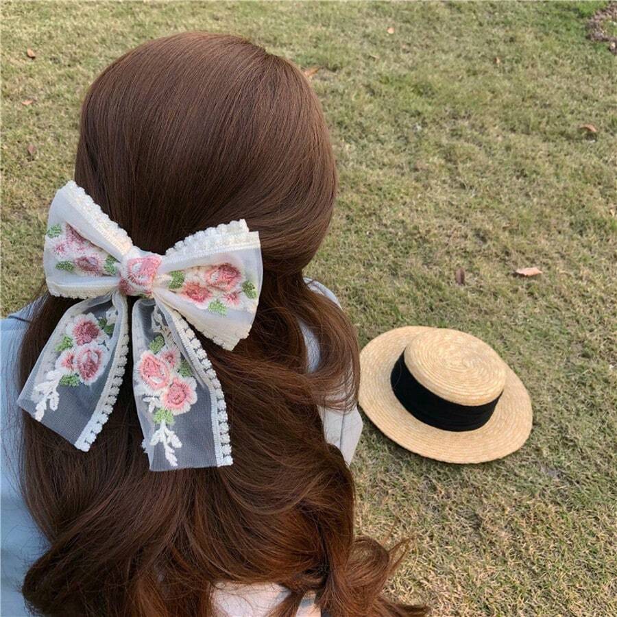 1pc Embroidered Floral Ribbon Big Bowknot Hair Clip, Spring-Loaded, Fashion Headpiece Accessory For Girls - Multicolor - View 1