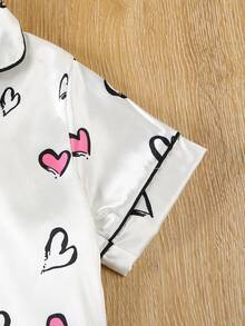 2pcs Young Girl Heart Print Short Sleeve Top And Shorts Set - Red and White - View 4