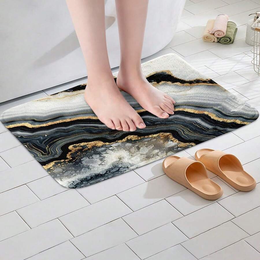 Alfombras de baño de mármol Erosebridal, alfombra de baño con brillo dorado y diseño de mármol abstracto, felpudo con patrón de piedra acuarela, felpudo de textura de mármol metálico antideslizante para baño de 16"X 24", felpudo para exteriores, decoración de otoño, accesorios de baño, decoración de entrada escolar - Negro Blanco Oro - Ver 1