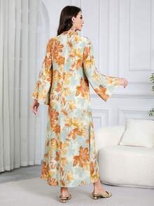 SISKAKIA Fashionable Muslim Dress For Women, Leaf & Floral Print Woven Fabric, V-Neck Embroidery Elegant Chic Moroccan Kaftan, Suitable For Holiday, Wedding, Birthday Party, Date, Formal Evening, Travel, Beach - Yellow - View 3