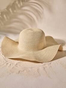 Tropiscape 1pc Solid Wide Brim Hat Boho Straw Hats For Holiday Vacation Vacay Vibes Vacation Relax Beach Autumn Winter Gifts - Beige - View 3