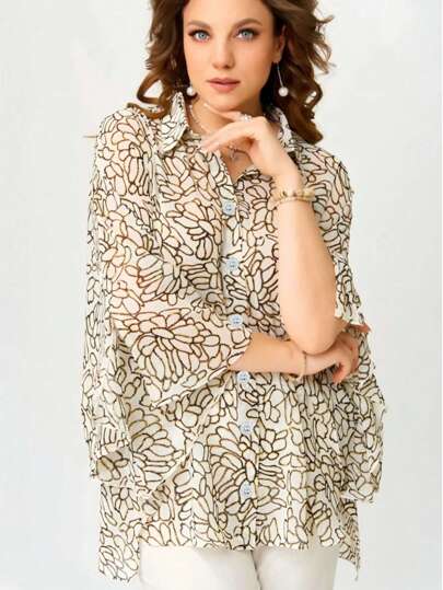 [Tops] Women's Casual Floral Printed Long Sleeve Shirt, European & American Style, Lightweight Breathable Fabric, Luxurious Feel, Loose Fit, Fresh & Natural Botanical Pattern, Classic & Fashionable Design