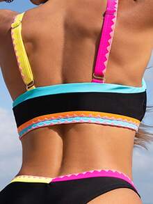Contrast Stitching Floral Bud Camisole Two Pieces Bikini Set Vacation Beach Summer - Multicolor - View 5