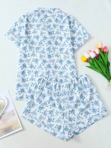 全身花卉印花短袖上衣和短裤女式睡衣套装，清凉浅蓝色 - 藍色 - 查看 2
