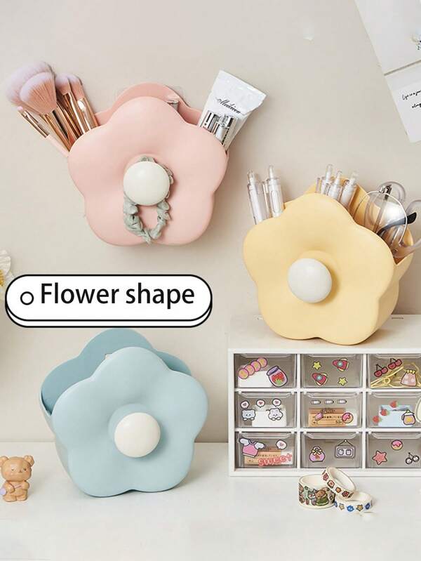 Multi-Functional Flower Makeup Brush Storage Box, Suitable For Both Desktop And Wall-Mounted Use, No Need To Drill Holes. It Is A Great Storage Item For Home Bathrooms, Dressing Tables, Desktop Combs And Toothbrushes, And A Cute Pen Holder. It Is Also A Great Storage Item For Student Dormitories Back To School